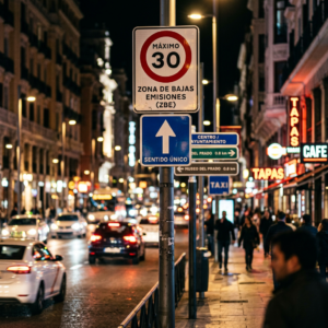Traffic signs indicating 30 km/h speed limit and one-way direction on a busy city street at night
